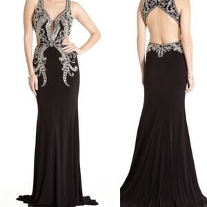 ASPEED SZ S black silver hand beaded backless cutout forma maxi gown NWT B163